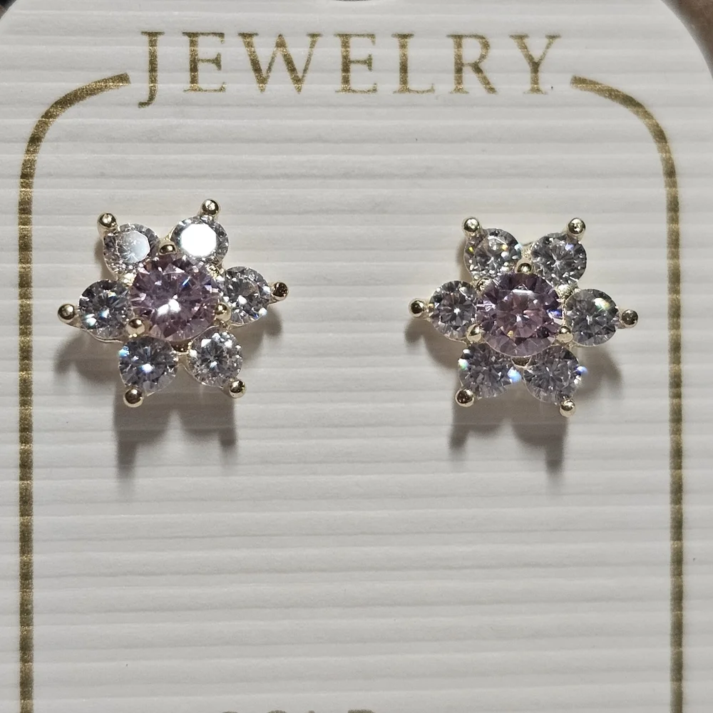 14KT Italian Gold Flower CZ Screw Back Stud Earrings October